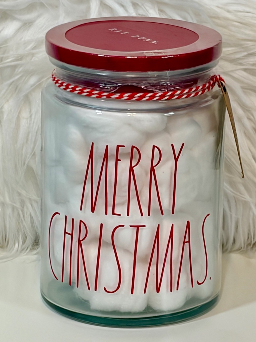 Rae Dunn NWT Merry Christmas Glass Jar with Cotton Balls Festive Holiday Decor